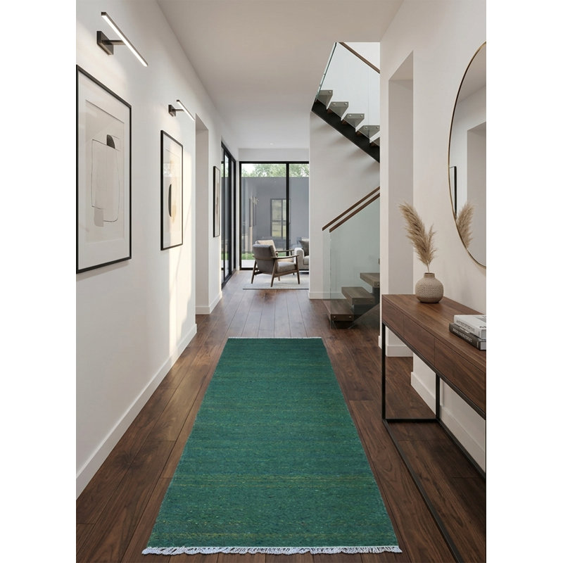 Tapis d'intérieur tissé à la main en coton et polyester vert foncé, Tapis de couloir 2 pi 6 po x 8 pi