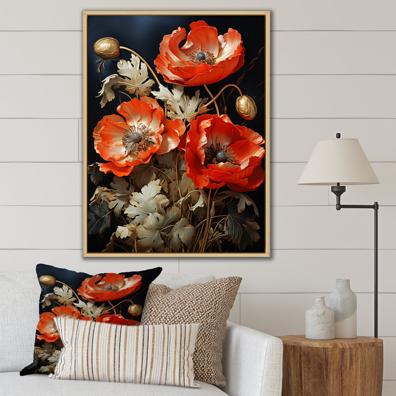 Bronze éclatant coquelicots en lueur métallique II - coquelicots, art mural, Cadre flottant brun