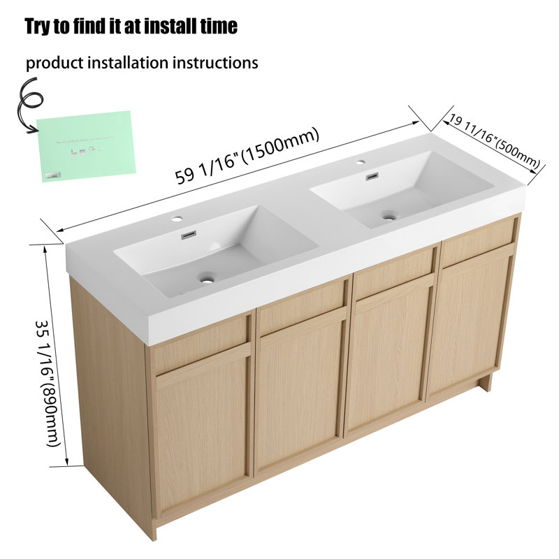 Meuble-lavabo double autoportant 60 po avec comptoir en résine 60 po