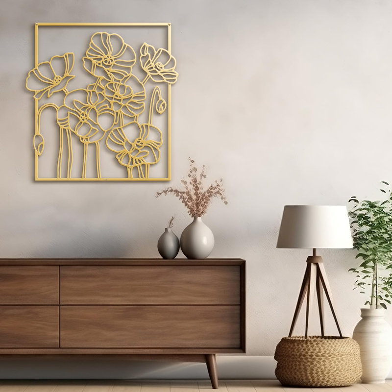 Abstract Floral Line Art Wall Decor Modern Abstract Wall Accent Sculpture Hanging Decoration Metal Wall Decor, Gold