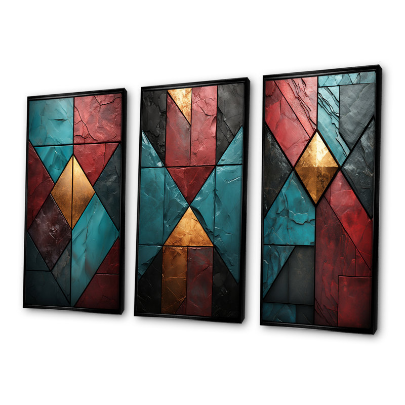 «Blue and Red Chevron Tiles Elegance I», ensemble de 3 reproductions d'art sur toile, Cadre flottant noir, H 28 po x l 36 po