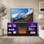 Meuble télé moderne avec foyer électrique, étagères en verre ajustables et ports de chargement intégrés pour salons