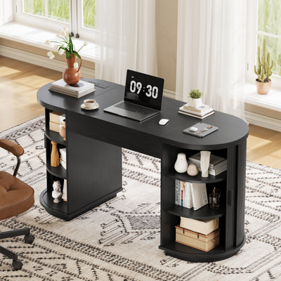 59.07'' Adjustable Height Lift Top Executive Desk, Mid-Century Wood Home Office Desk With 2 Tambour Door Cabinets & Power Outlet