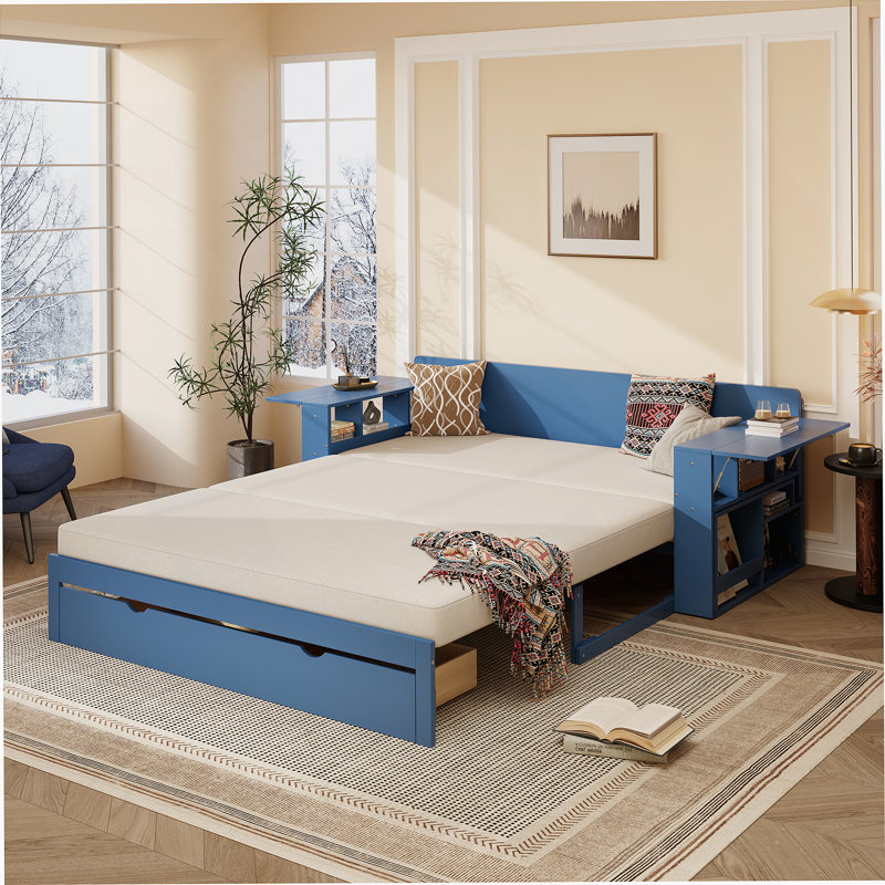 Queen Size Daybed With Removable Desk, Storage Drawers & Hydraulic Side Table, Blue, Blue