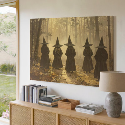 Toile murale, cercle de sorcières, scène rituelle de forêt sépia avec unité mystique, prêt à accrocher, galerie, décoration moderne