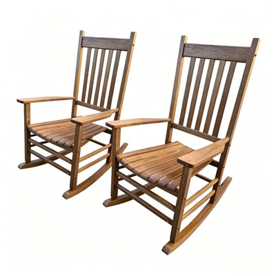 Ensemble de 2 chaises berçantes adultes en bois brun Populus, chaise berçante de patio pour terrasse avec siège large et accoudoirs, dossier à lattes robuste, capacité de poids de 250 lb, assemblage rapide avec quincaillerie et instructions