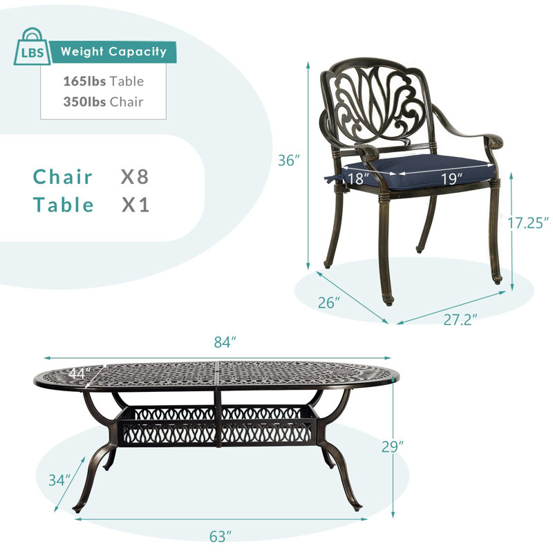 Ensemble de salle à manger ovale 84 po pour 8 personnes avec coussins, L 23 po x L 64 po