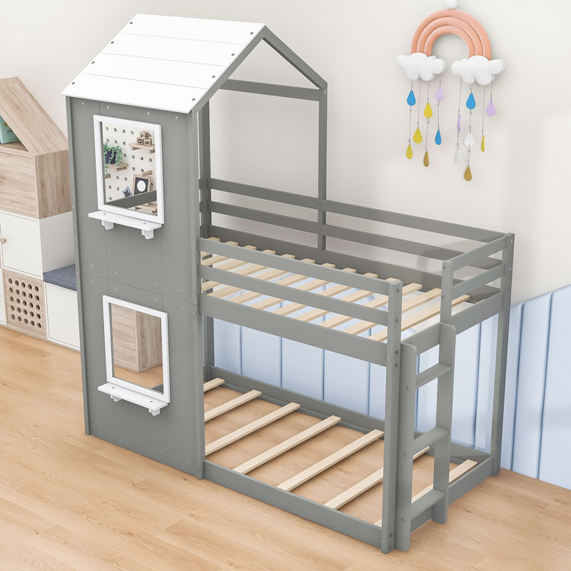 Twin Over Twin Bunk Bed With Safety Features And Roof, Gray