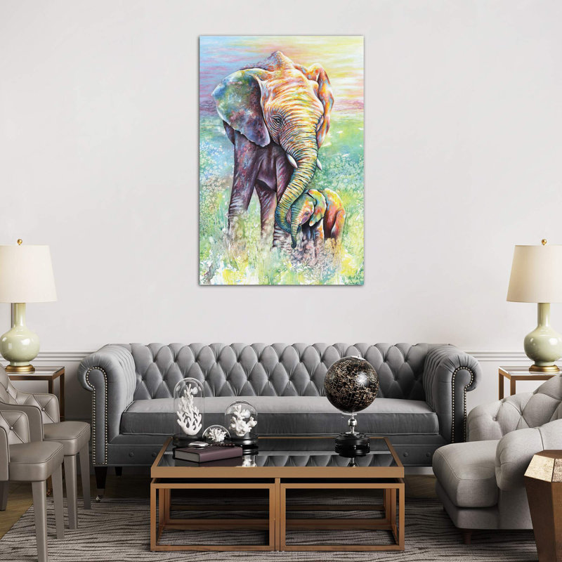 Mother & Baby Elephant Rainbow Colours by Michelle Faber - Painting on Canvas, No Frame, 101.6 cm H x 66.04 cm W x 1.91 cm D