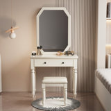 Pereda 35.43 Inch Wide Makeup Vanity With Mirror And Stool, 1 Drawer, Padded Stool, Beige