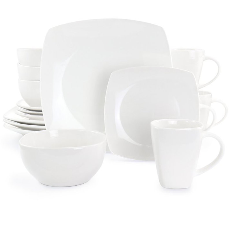 Service de table 16 pièces en grès, assiettes carrées à finition mate, va au lave-vaisselle et au micro-ondes, comprend assiettes, assiettes à dessert, bols et tasses pour repas de famille