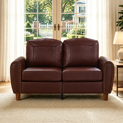 59" Classic Living Room Sofa Loveseat Faux Leather Couch,Rolled Arm Sofa With Nails,Solid Wood Legs,Upholstered Breathable Pu Leather