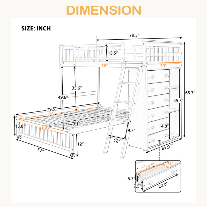 Lit superposé simple au-dessus de double en bois avec six tiroirs et tablettes flexibles, lit inférieur avec roulettes, Gris