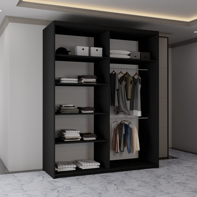 Modern 2 Door Sliding Mirror Wardrobe – Stylish Bedroom Storage in 2 Sizes and 3 Colours, Black, 217cm H x 150cm W x 62cm D
