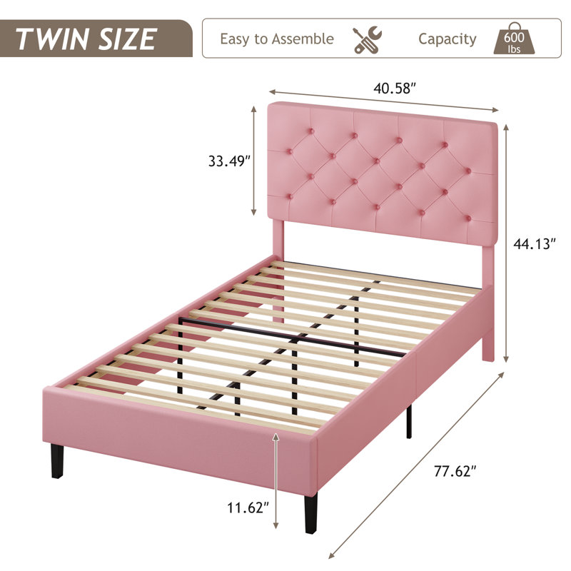 Bed Frame with Headboard, Upholstered Platform Bed with Button Tufted Desigh, Twin, Pink