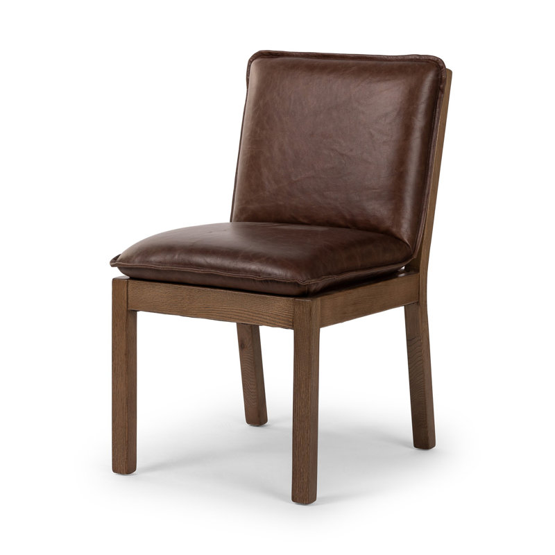 Wautoma Linen Upholstered Dining Chair in Beige, Brown Genuine Leather