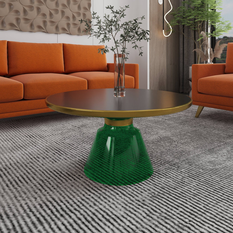 30" Round Coffee Table Glass/Sintered Stone Top With Brushed Gold Rim And Tempered Glass Base, Green