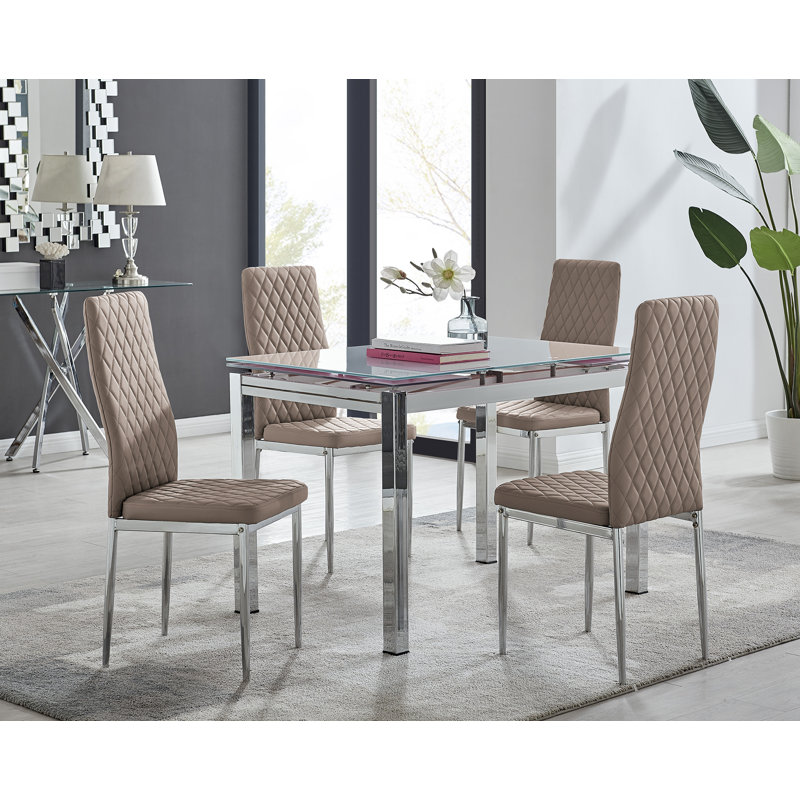 Tierra Modern Glass & Metal Extendable Dining Table Set & 4 Luxury Faux Leather Dining Chairs, Cappuccino/Silver