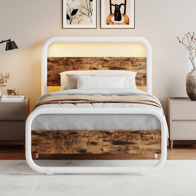 Metal  Bed Frame with LED Headboard and Footboard, Rustic Industrial Heavy Duty Wooden Platform Bed Frame with Under Bed Storage, Noise Free, No Box Spring Needed