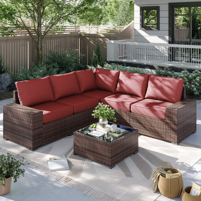 6 Pieces Outdoor Patio Furniture Set, With Cushions And Glass Coffee Table, Pe Rattan Outdoor Wicker Sectional Furniture Sofa Set