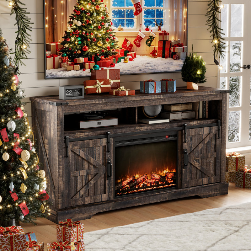 Meuble télé pour téléviseur de 70 po ou moins Farmhouse Fireplace, Rustique foncé