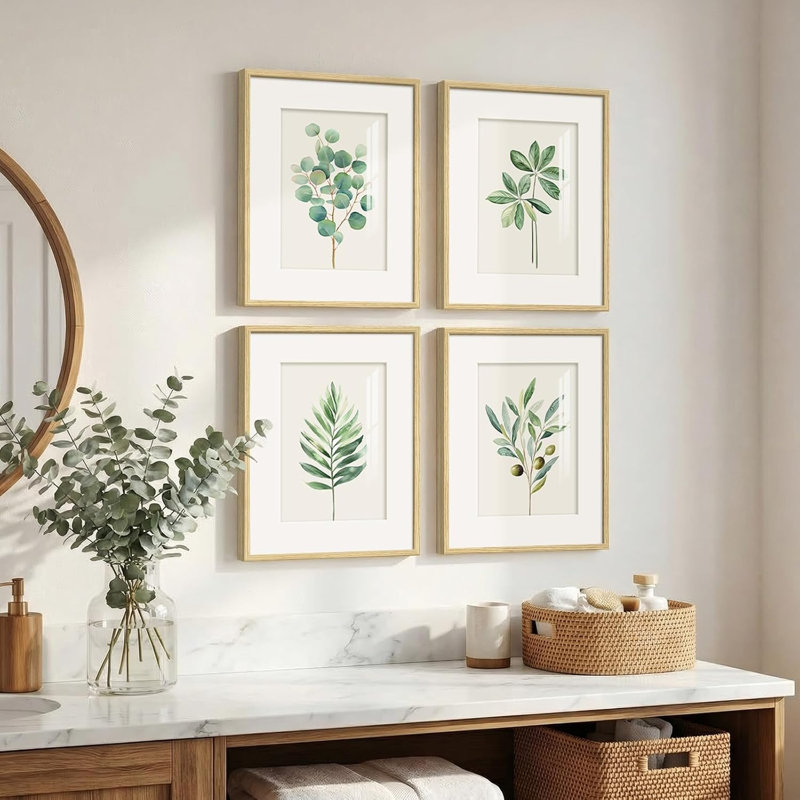 Ensemble de 4 tableaux muraux encadrés représentant des feuilles botaniques vert sauge