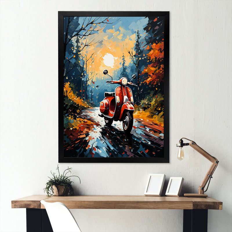 «Riding Scooter In The Country Autumn», reproduction sur toile, H 20 po x l 12 po x P 1 po, Cadre simple noir
