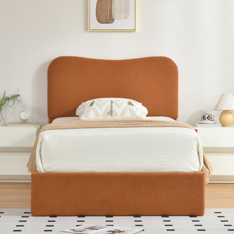 Lit plateforme tapissier Bensu Boucle, Simple, Brun