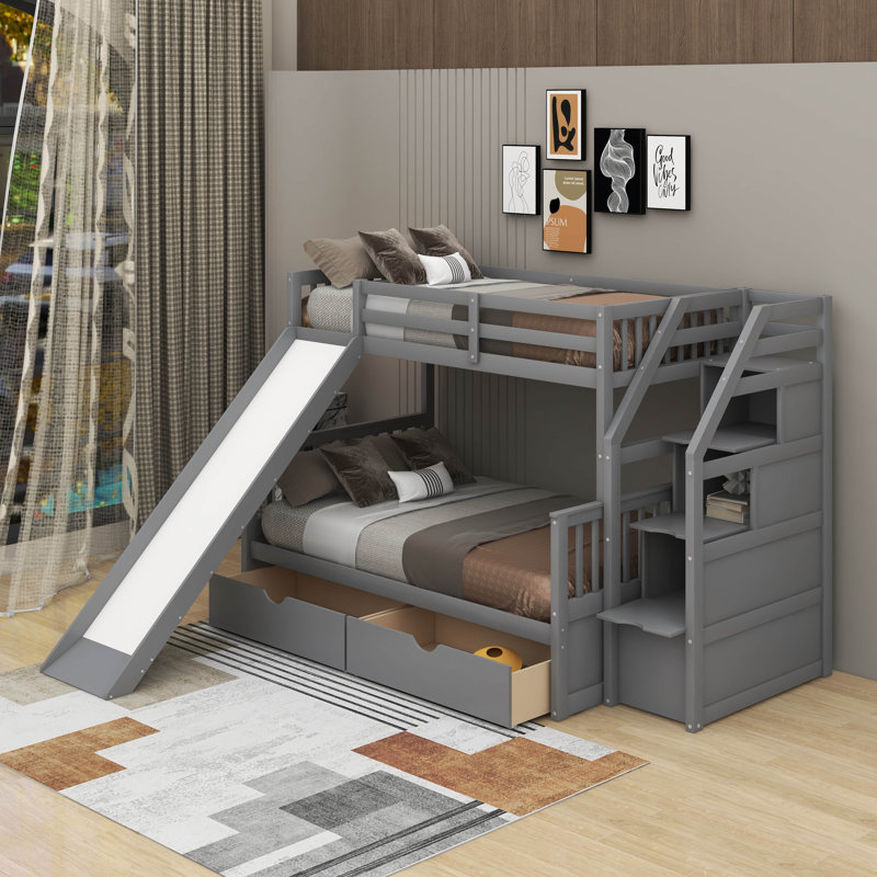 Lit simple superposé au dessus d'un lit double avec tiroirs et glissade, Gris