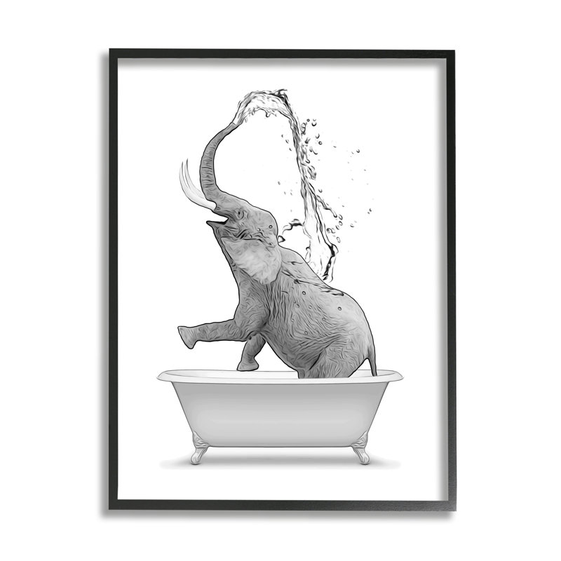 Éléphant monochrome baignant dans une baignoire surdimensionnée noire, estampe numérique encadrée, art texturé par Annalisa Latella