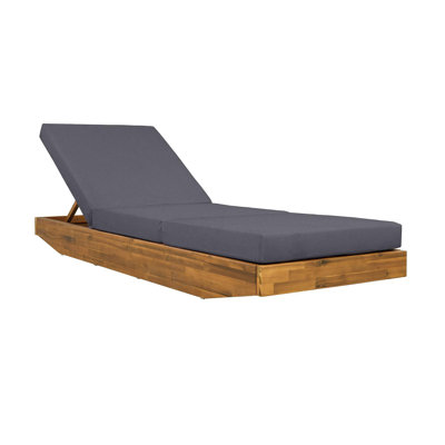 Acacia Wood Chaise Lounge With Cushion - Teak Finish Outdoor Recliner With Dark Grey 3-Fold Water-Repellent Cushion, 300Lbs Capacity