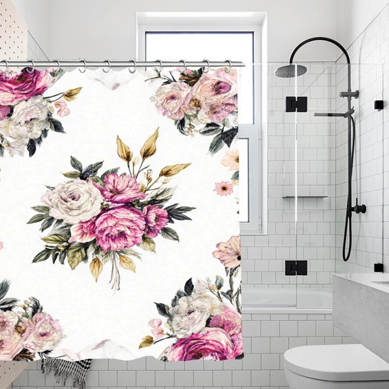 Rideaux de douche à motif floral rose et blanc, 71 x 71