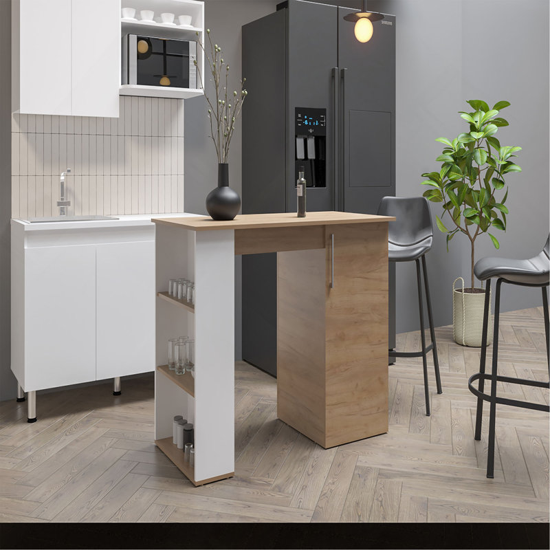 Îlot de cuisine de 47 po de largeur avec une armoire et cinq tablettes, table de bar et table de pub