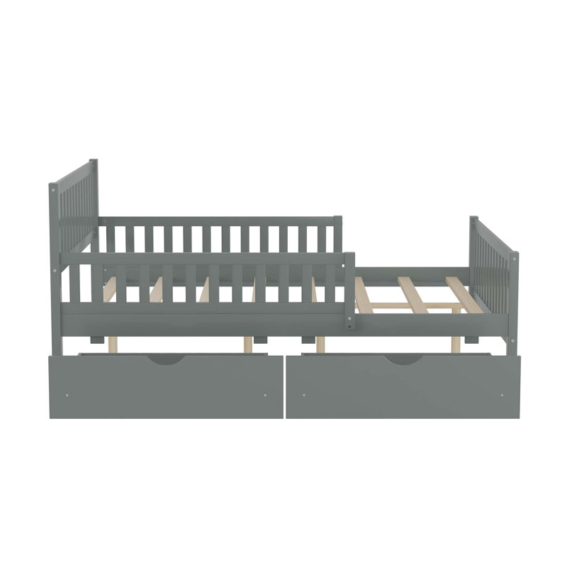 Lit plateforme en bois avec garde-corps des deux côtés et deux tiroirs de rangement, Full, Gris