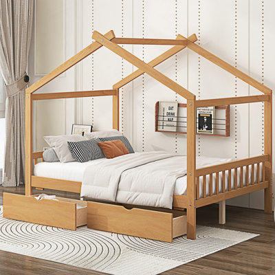 Modern Full Size House Platform Bed With Two Drawers,Headboard And Footboard