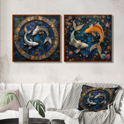 «Blue Pisces Astrology Cosmic Compass I» - art mural astronomie moderne - art mural moderne pour le salon 2 pièces