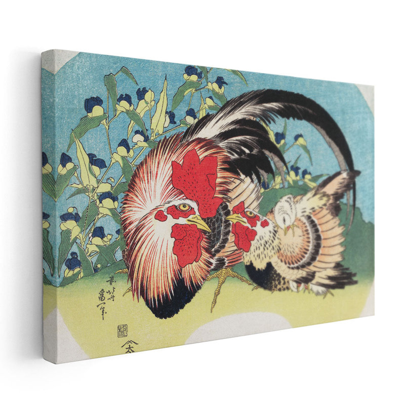 Coq, poule et poulet avec araignée (1830-1833) - reproduction d'art sur toile, H 24 po x l 36 po