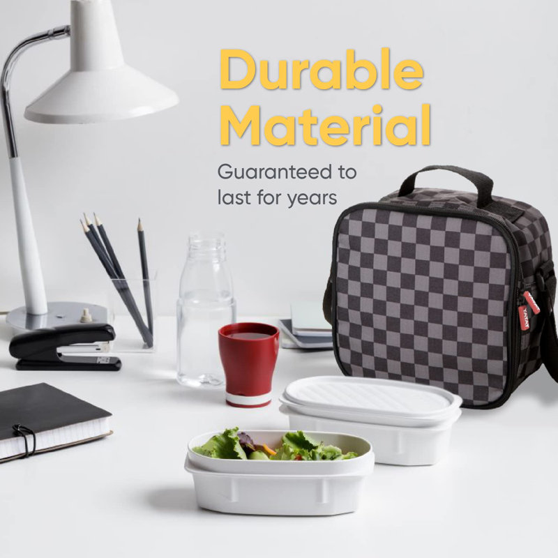 Sac à lunch isotherme avec contenants, boîte à lunch thermiquement doublée, contenants réutilisables résistants aux fuites pour le travail, les voyages et la plage, petit sac à lunch à carreaux gris avec sangle réglable, facile à nettoyer