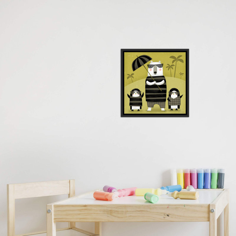 «On Holiday» par Terry Runyan - impression, H 18 po x l 18 po x 1,5 po, Toile avec cadre noir patiné, Pas de tapis