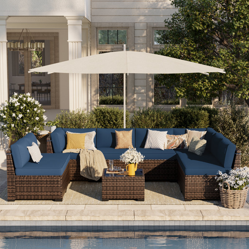 Ensemble de conversation modulaire en rotin avec coussins Avamay, Microfibre performance bleu marine, Non