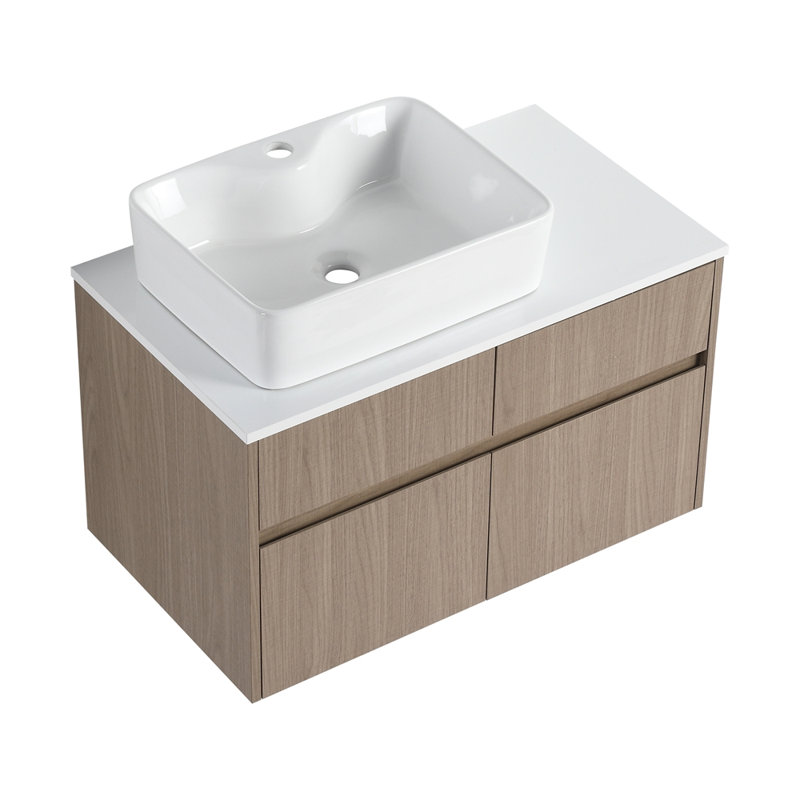 Meuble-lavabo mural 32 po avec lavabo en céramique et panneau plat en PVC, 2 portes à fermeture douce et 1 tiroir, emballage KD, panneau de particules