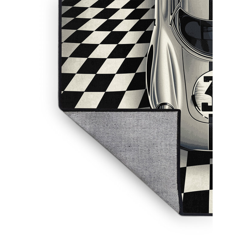 Machine Washable Eldred Retro Race Car Retro Checkered Rug in Black – Black Binding, 2x5