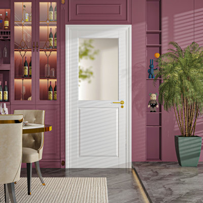 Demi-dalle de 28 po x 80 po, intérieur de porte française à moitié verre givré, panneau central Soild et panneau simple pré-fini pour garde-robe de chambre de garde-manger comme poche, pliable, portes de grange, aucun assemblage requis - Shaker sans quincaillerie