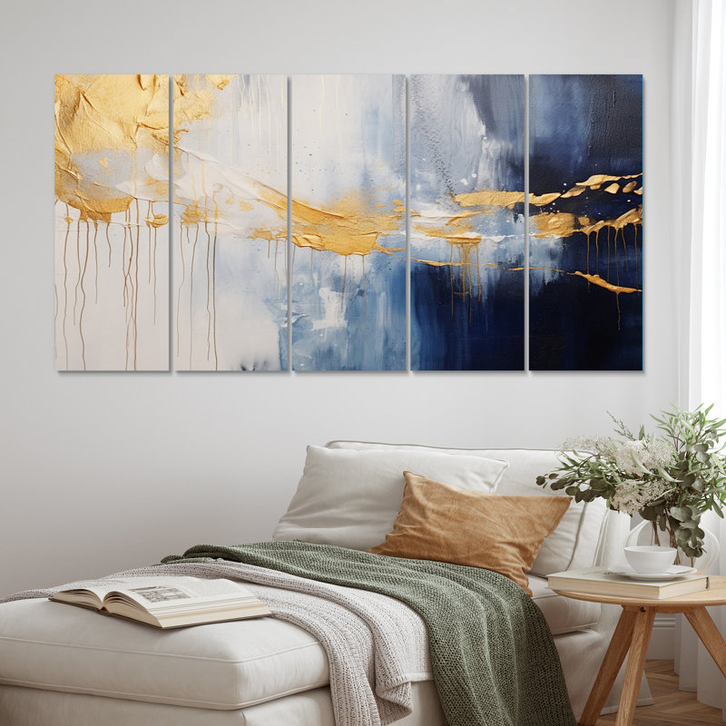 Waves Of Joy Minimal Nova bleu et or III - art mural abstrait sur toile - 5 panneaux égaux
