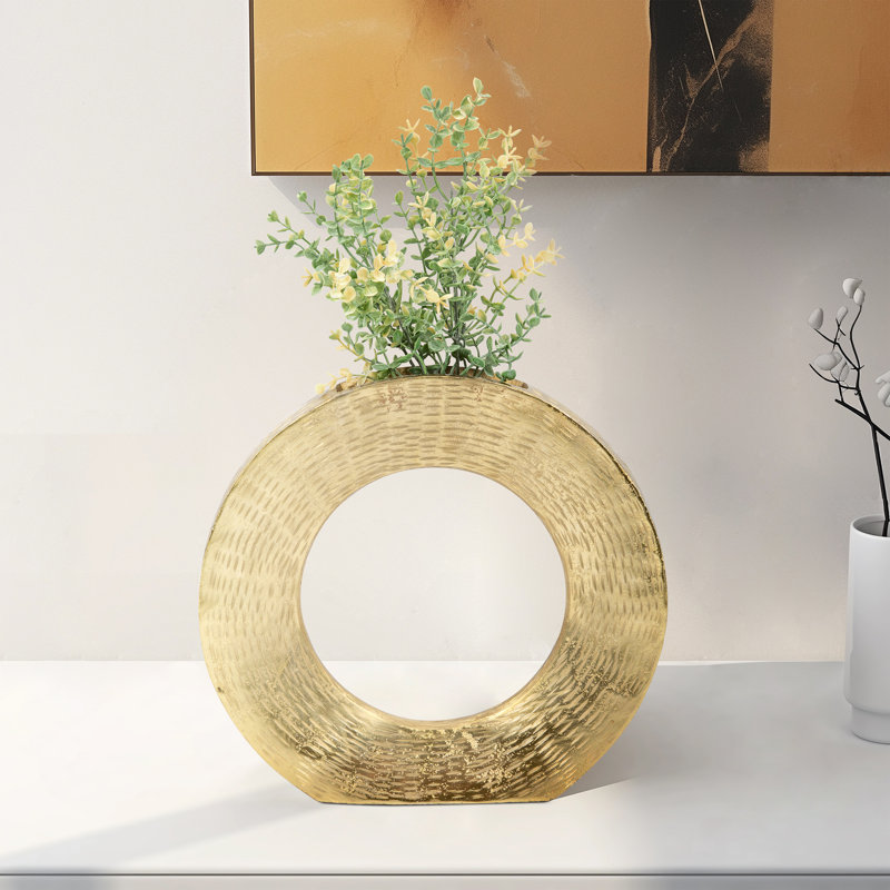 Aluminum Vase with Circular Cut-Out Design and Textured Surface., Gold, 11" H x 12" W x 2.25" D