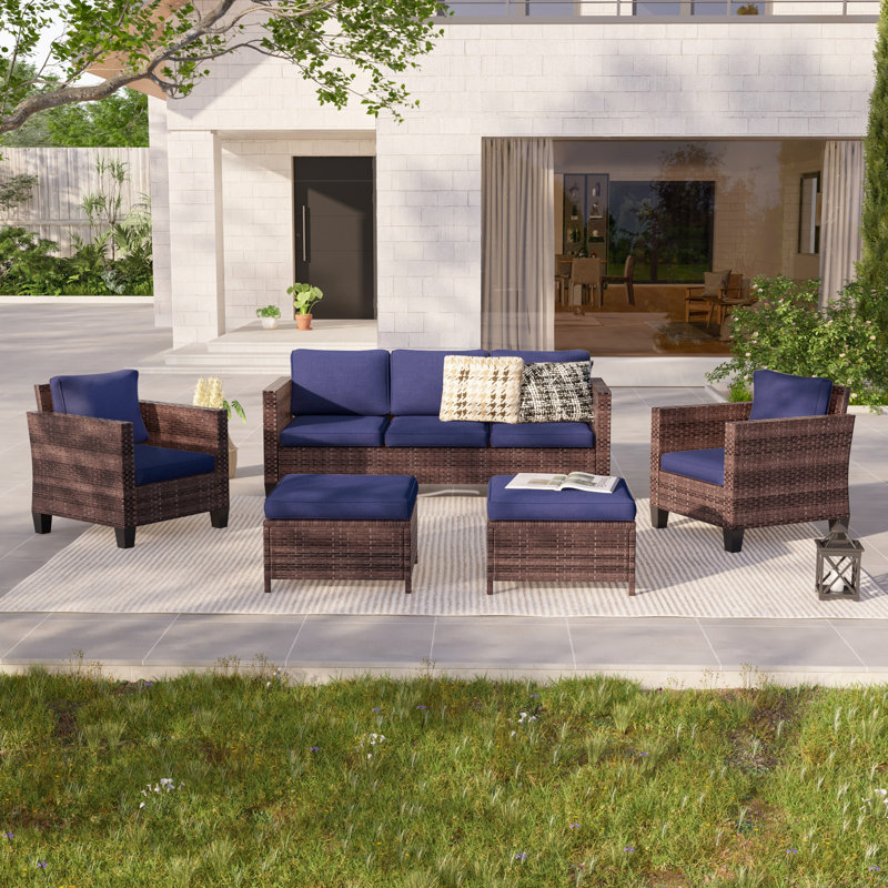 Aser 5 - Person Patio Conversation Set with Cushions, Brown, Navy