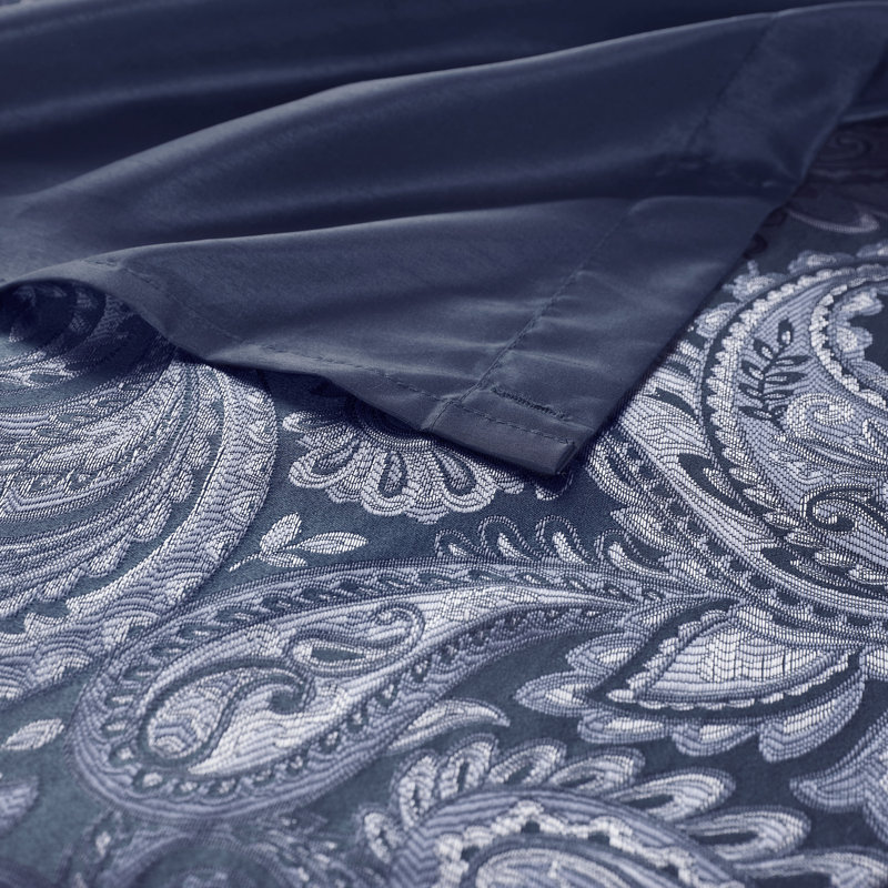 Navy Paisley Jacquard Shower Curtain with Color Block Panel