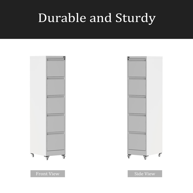 5 Drawer Metal Vertical File Cabinet With Lock On Wheels For Home Office,Heavy Duty Metal Storage Cabinet For A4/Letter/Legal Size Files