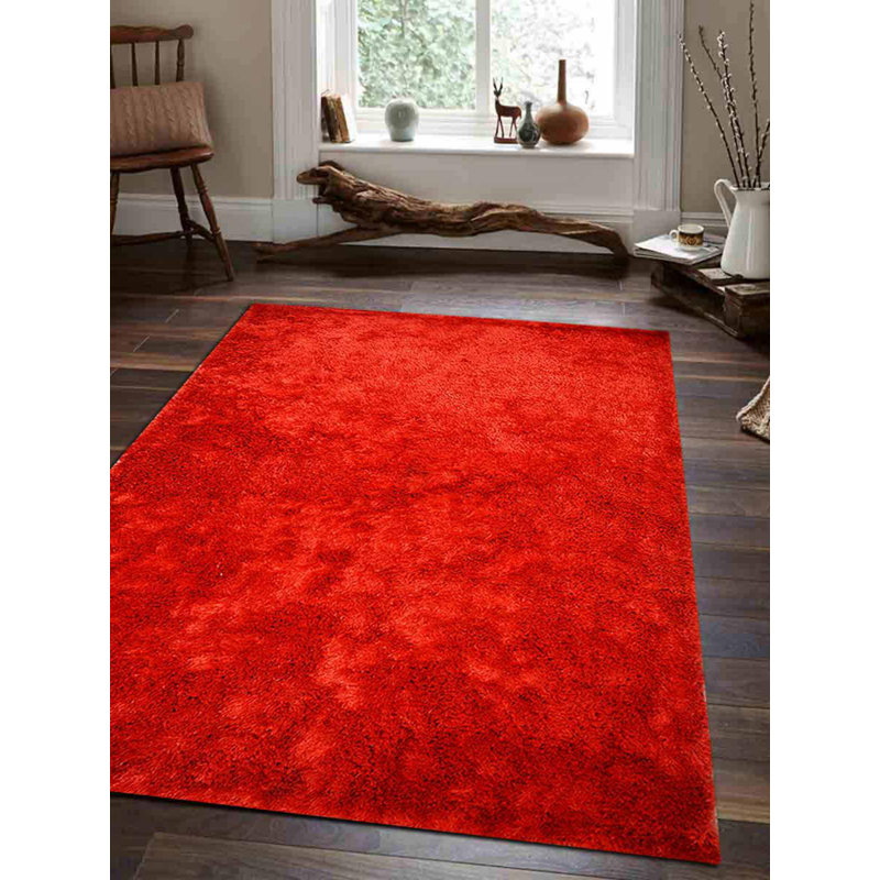Fluffy HAND TUFTED SHAG POLYESTER ECO-FRIENDLY AREA RUGS - Light Red Colour | Solid Design, Rectangle 4' x 6'