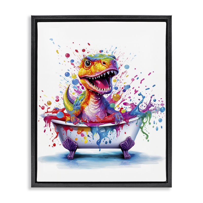 «Modern Splatter Dino» par Mary Cunningham, Cadre flottant noir de jais, H 21 po x l 17 po